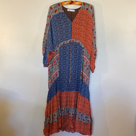 Zara Dresses & Skirts - Zara Blue and Rust Patchwork Tiered Maxi Dress